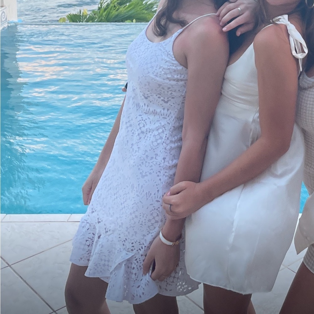 Aqua S white eyelet ruffle mini dress lace overlay thin straps sleeveless